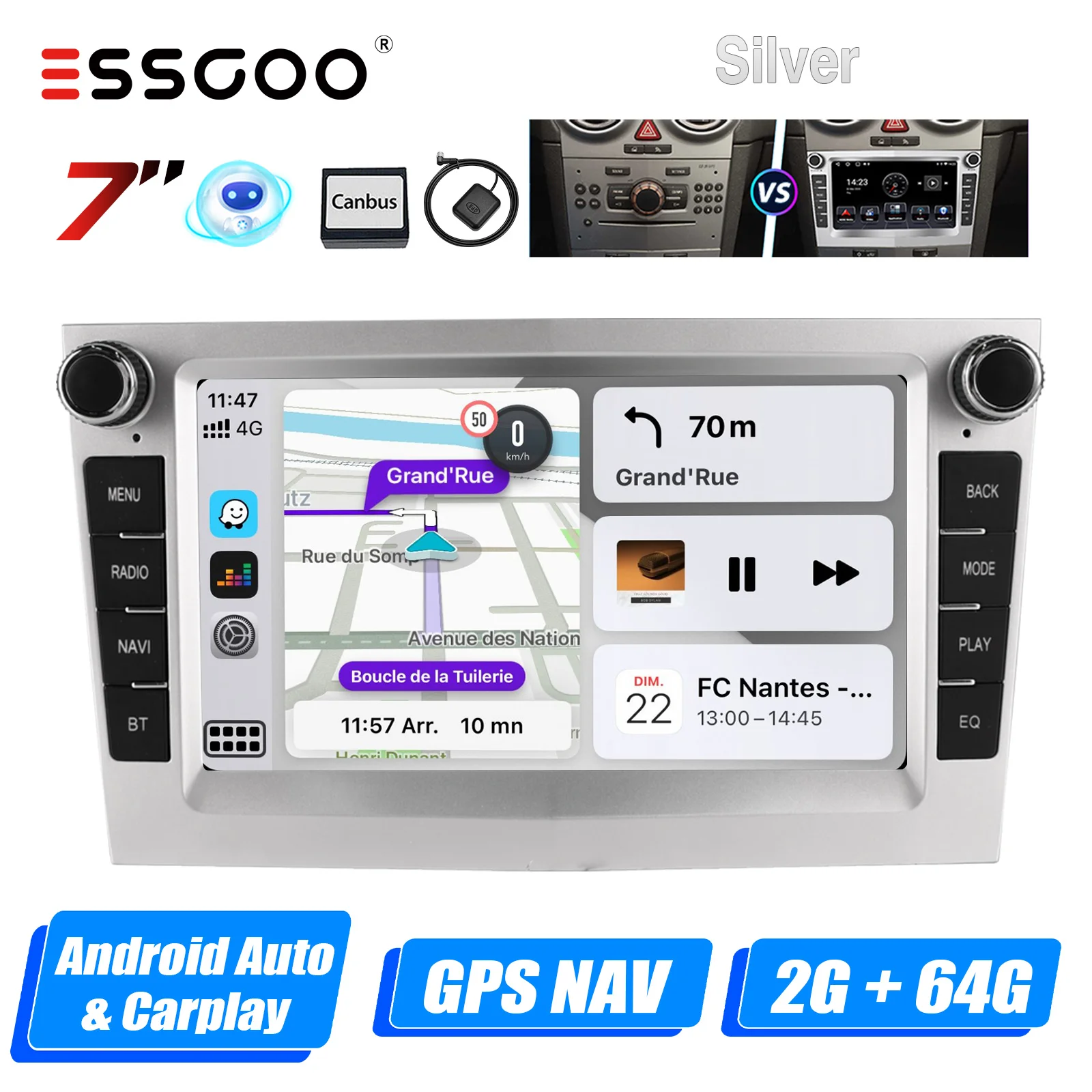 ESSGOO Android 14 4 + 64G CarPlay autoradio voor Opel/Vauxhall Astra G H Corsa C D Vectra Android Auto GPS NAV DAB + Zilver