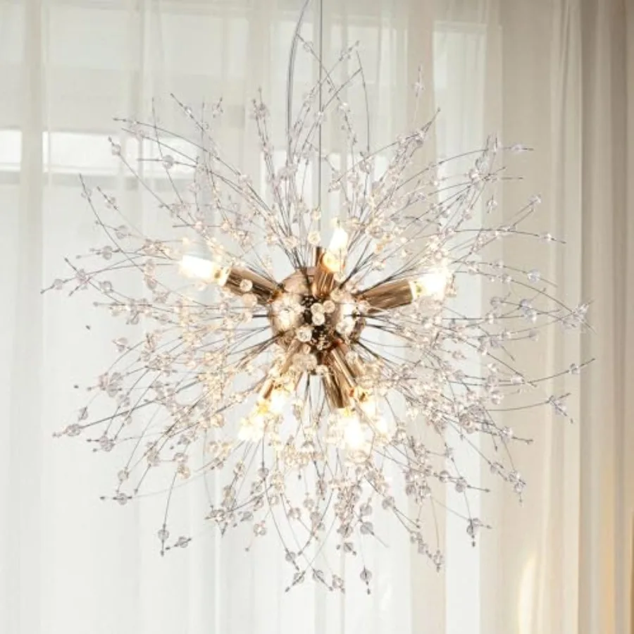 

Small Crystal Chandelier 8-Light Modern Sputnik Hanging Light Fixtures in Round Dandelion Pendant Lighting for Kitchen Island B