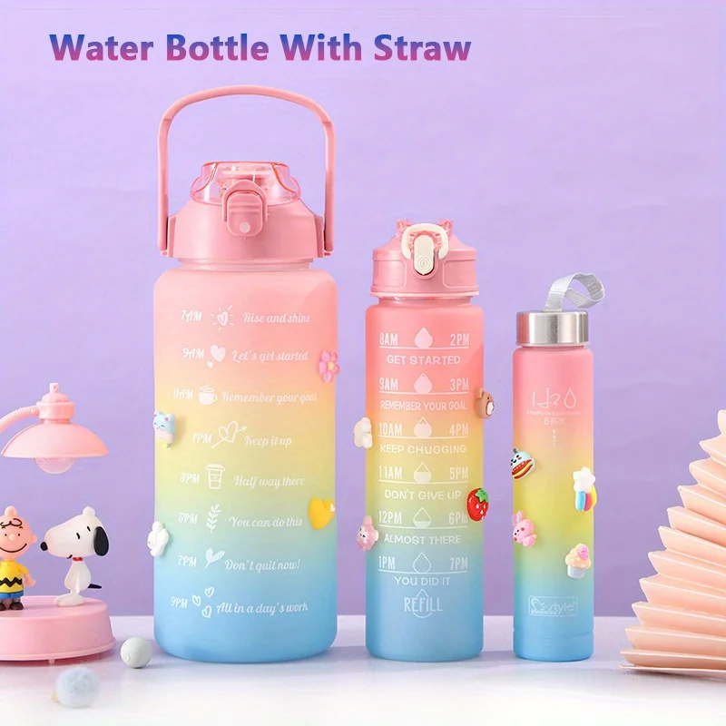 1SET/3PCS Sports Water Bottle With Straw Men Women Fitness Water Bottles Outdoor Cold Water Bottlesc With Time Marker Cups