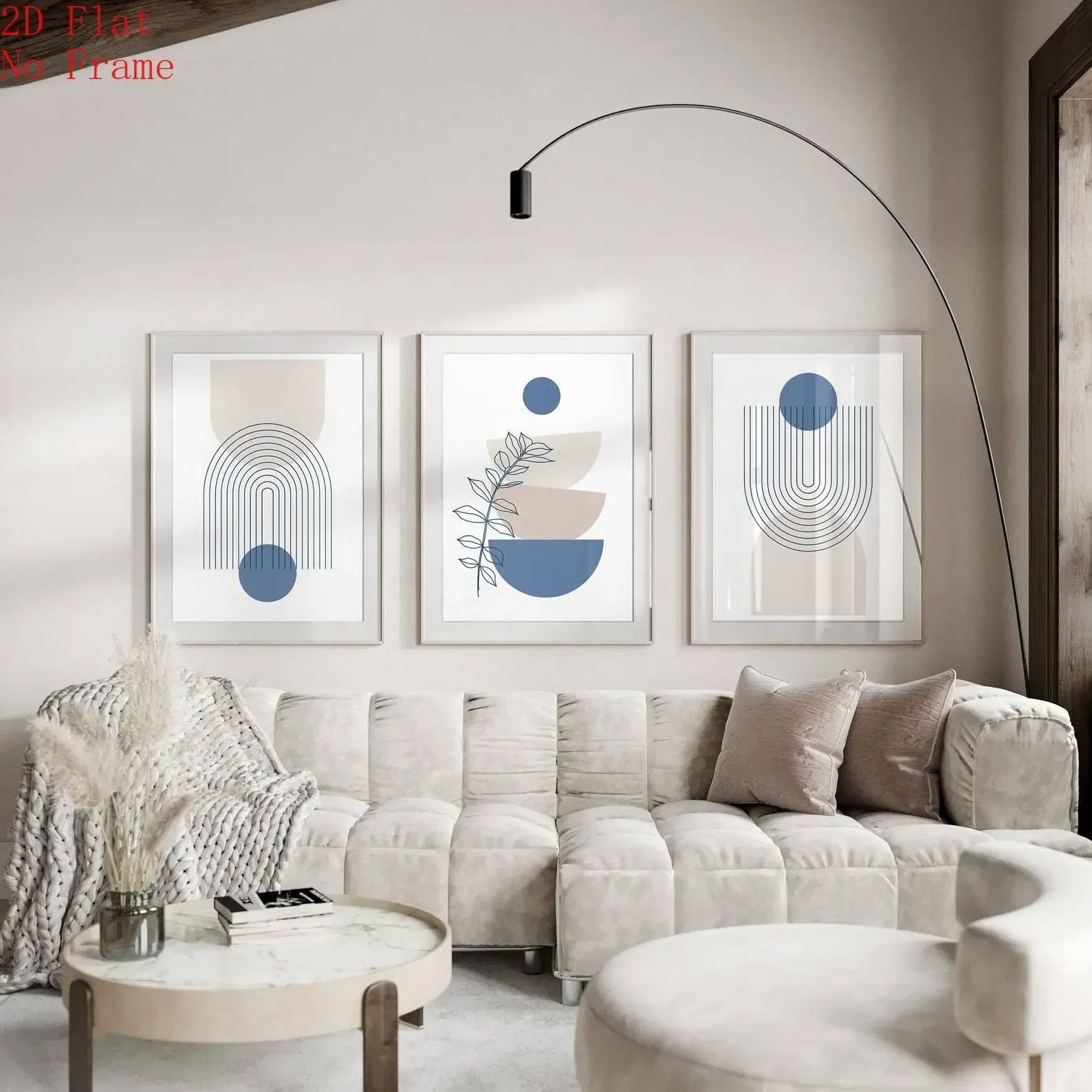 2D Flat, 2D Flat (3pcs No Frame Canvas Poster), Set of 3 Blue Beige Abstract Geometric Canvas Wall Art, Mid Century Modern Pr