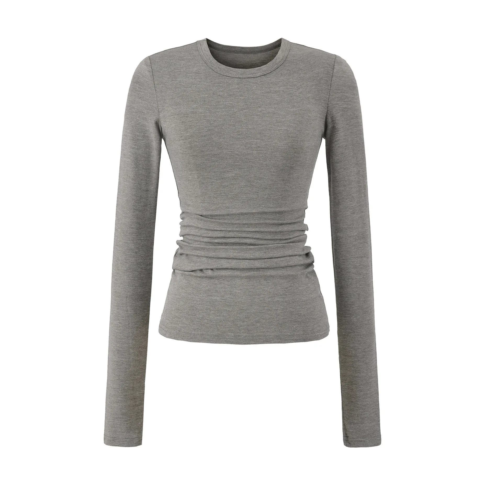 2025 automne hiver Style doux petit col rond Style couleur unie à manches longues taille haute élastique Base serrée T-Shirt haut 06NC