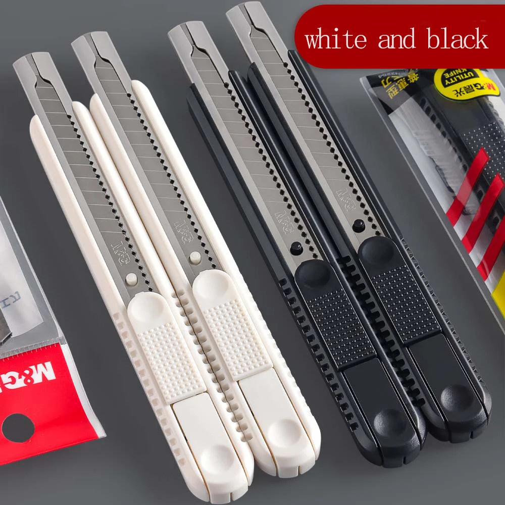 M&G utility knife, 9 mm wide, black and white color scheme, replaceable blade, detachable tail, cutting blade, manual locking fu