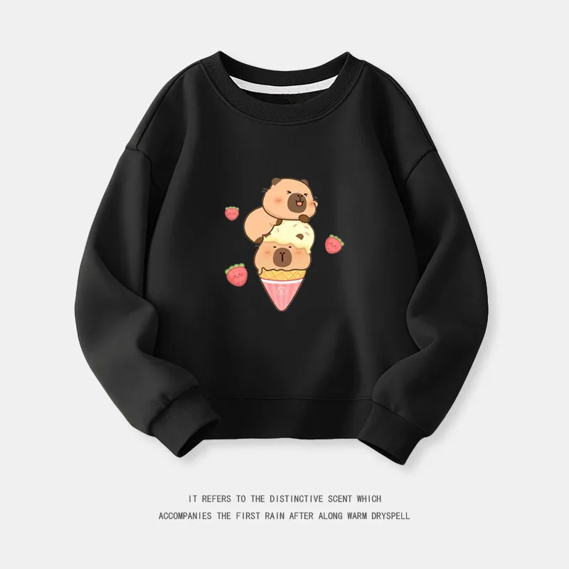 Kids Cute Capybara Ice Cream Strawberry Cartoon Print Sweatshirt Boys Girls Crew Neck Long‑Sleeve Pullover Children Casual Top