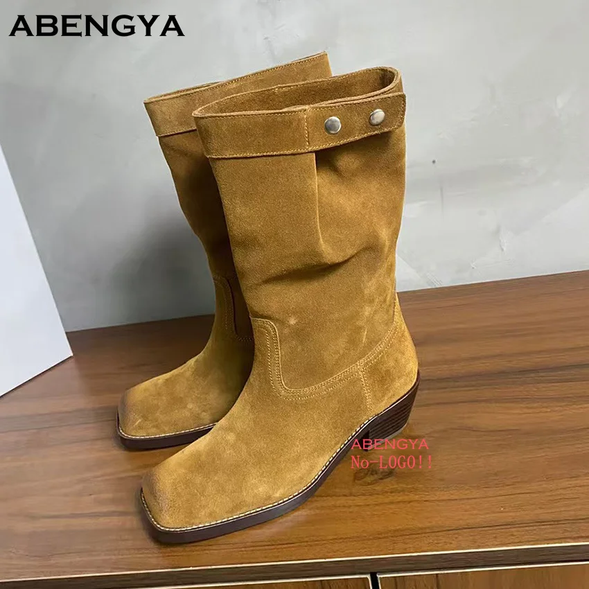 

2025 Winter Brown Suede Mid Calf Boots Women Square Toe Chunky Heels Short Boots Designer Casual Party Chelsea Boots For Women