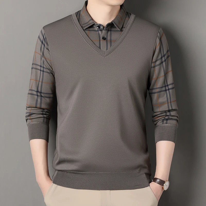 Autumn Winter Mens Fleece Pullover Men\'s Polo Collar Sweater Knitwear Classic Plaid Sweaters Thick Warm Khaki Korean Clothing