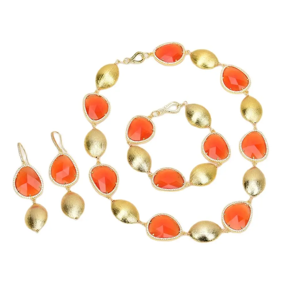 GG Natural Orange Cat eye Stone CZ Paved Gold Plated Brushed Oval Beads Necklace Bracelet Earrings Sets Handmade Lady Gifts