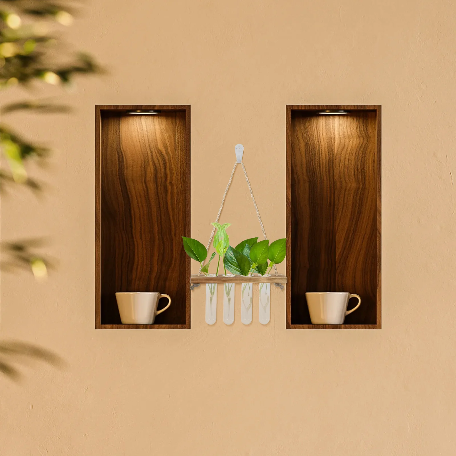 1 Set Wall Mounted Glass Flower Vase Transparent Hydroponic Plant Holder Indoor Terrarium With Wooden Stand Home Office Decor