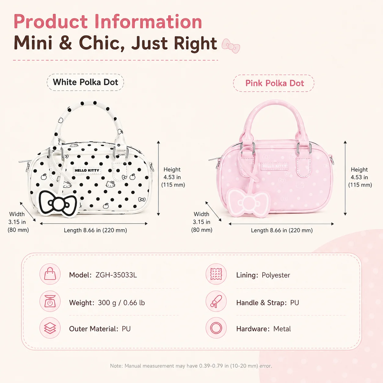 Sanrio Hello Kitty Mini Handbag Polka Dot Cute Crossbody Bag Detachable Shoulder Strap Lightweight Cartoon Purse Casual Bag