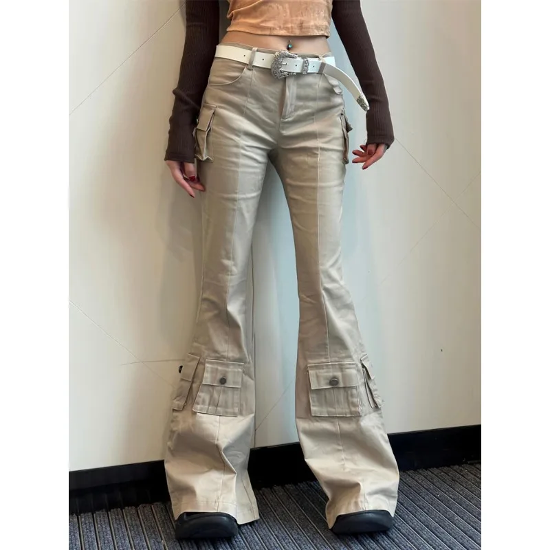 Qweek Y 2K Cargo Flare Jeans Vrouw Vintage Harajuku Office Lady Pocket Denim Broek America Retro Street Fashion Broek 2024