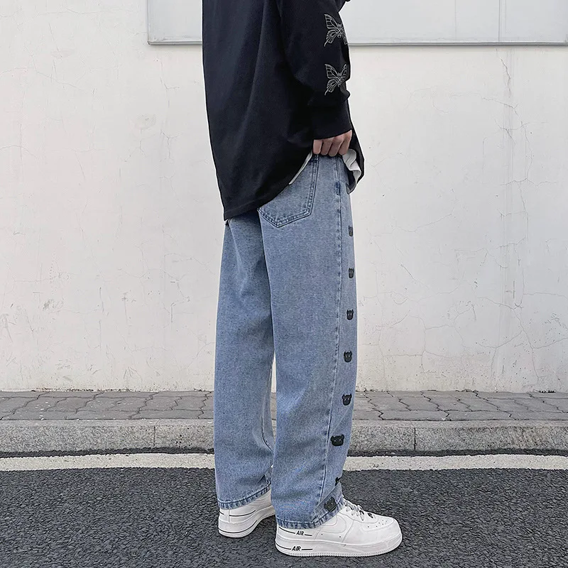 Men's Printed Jeans Fashion Straight Style New Casual Wide Leg Jeans Men's Street Clothes Korean Hip Hop Pants Summer Jeans