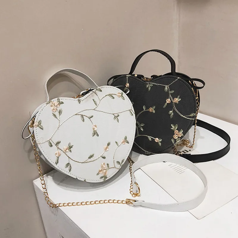 Bolso de mano redondo con corazón de encaje para mujer, bolsos cruzados de cuero PU de alta calidad, bolsos de hombro con cadena de flores frescas pequeñas