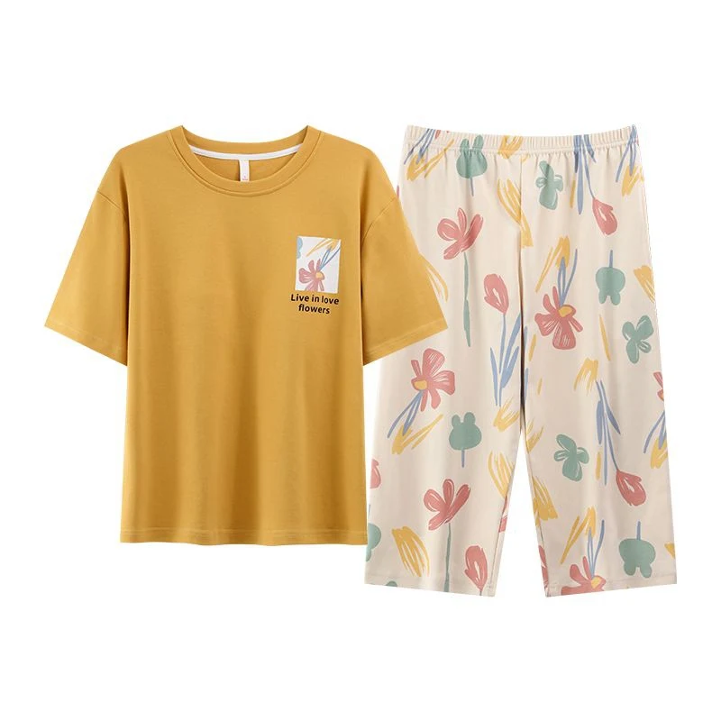 

Лето 2022, 100% хлопок, пижамные комплекты длиной до колена с короткими рукавами для женщин, корейская свободная одежда для сна, костюм, пижама, домашняя одежда, домашняя одежда