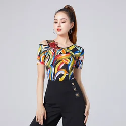 Latin Dance Top Women National Standard Ballroom Dance Practice Wear Female Adult Modern Dance Short Sleeve Top