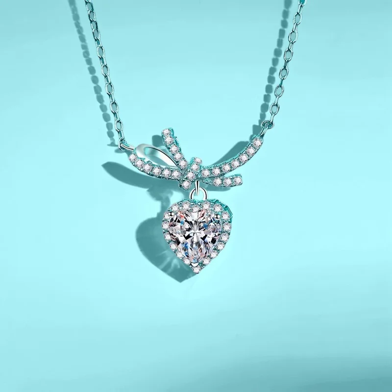 

0.5CT Moissanite Heart-Shaped Necklace Butterfly Knot S925 Sterling Silver Studded with Diamonds GBA Certified Free Gift Box