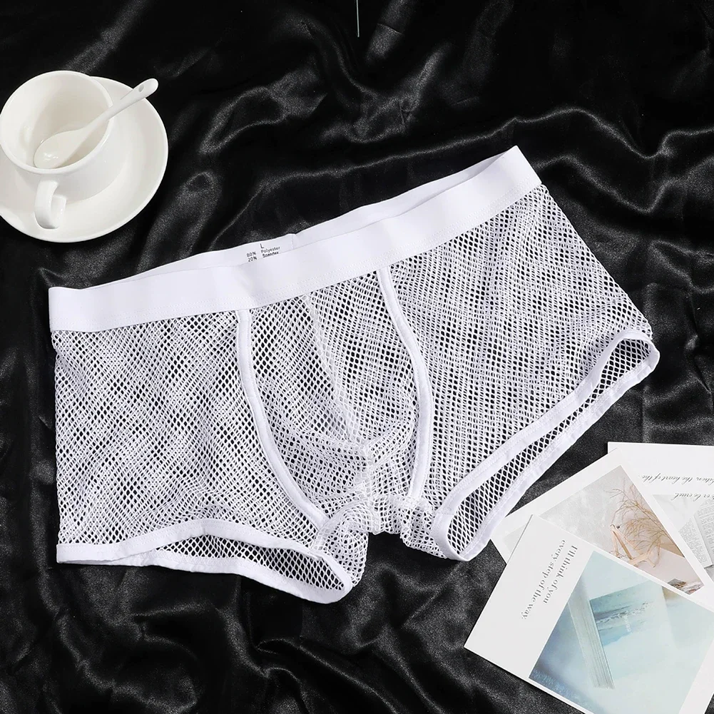 Men Sexy Perspective Mesh Underwear Boxer Briefs Trunks Low Waist Big U Pouch Panties Bottoms Man Boxershorts