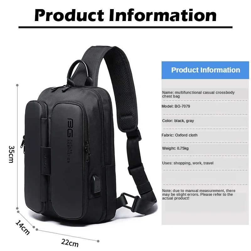 BANGE Men's Chest Pack Casual Crossbody Bags Male USB Charging Shoulder Bag Oxford Messenger Bag Waterproof Large Capacity 2021