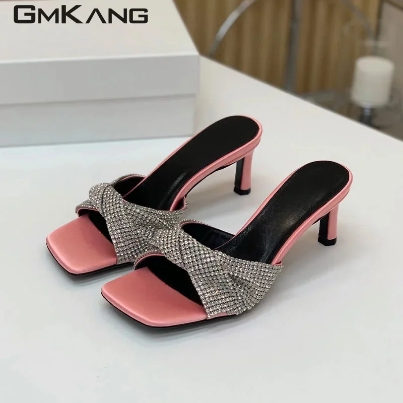 Sexy High Heels Slippers Women Satin Rhinestone Party Shoes Pointed Peep Toe Mules Summer SlidesLady Cup Heels Slippers Woman