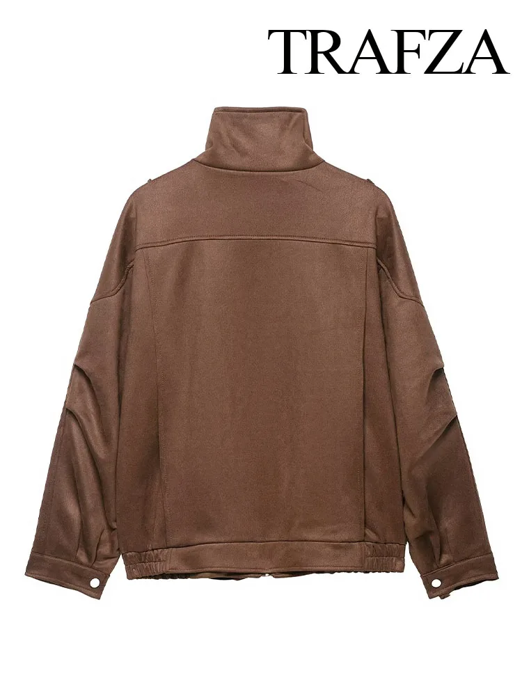 

TRAFZA Women Fashion High Collar Long Sleeves Button Pockets Design Solid Loose Autumn Coats Female Street Style Casual Jackets