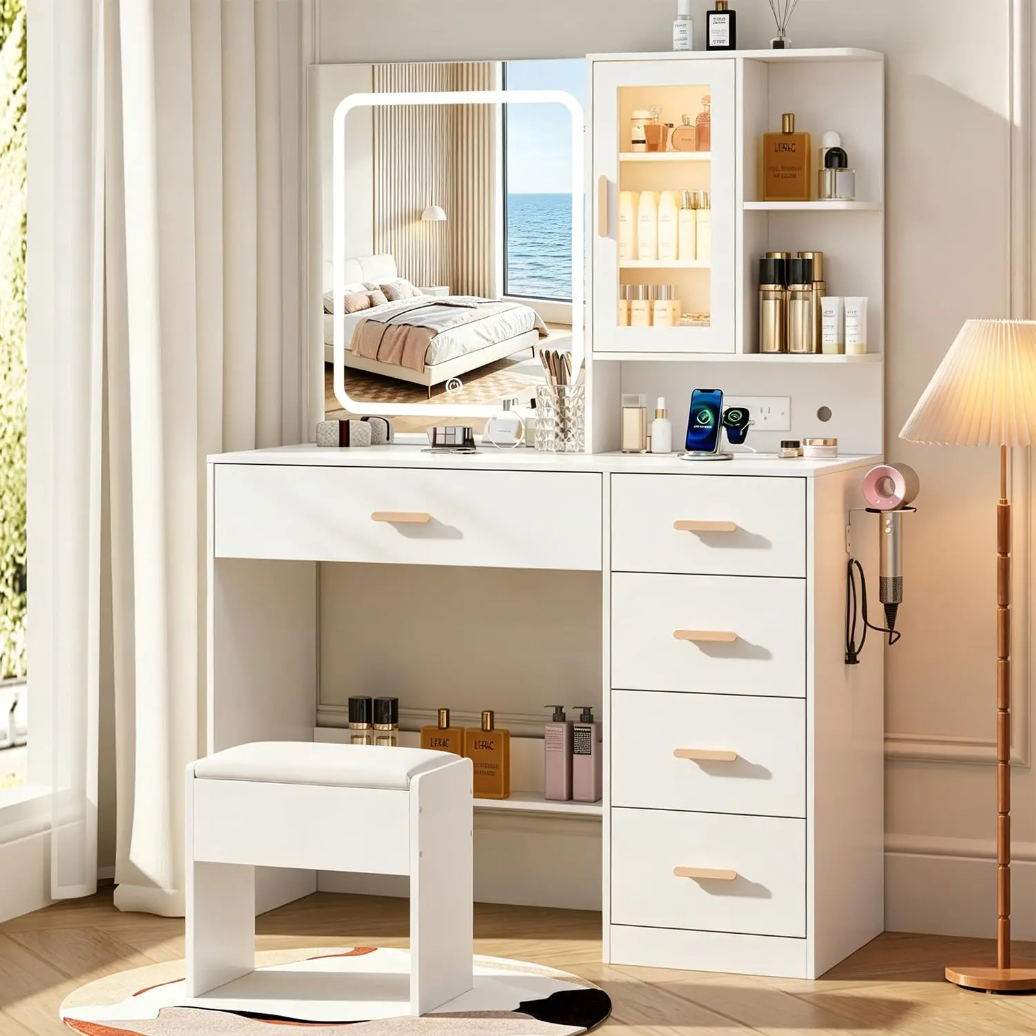 Desk with LED Lights Mirror, White Makeup Set with 5 Ders, Tempered Cabinet, Charging Station, Hair Dryer Rack &