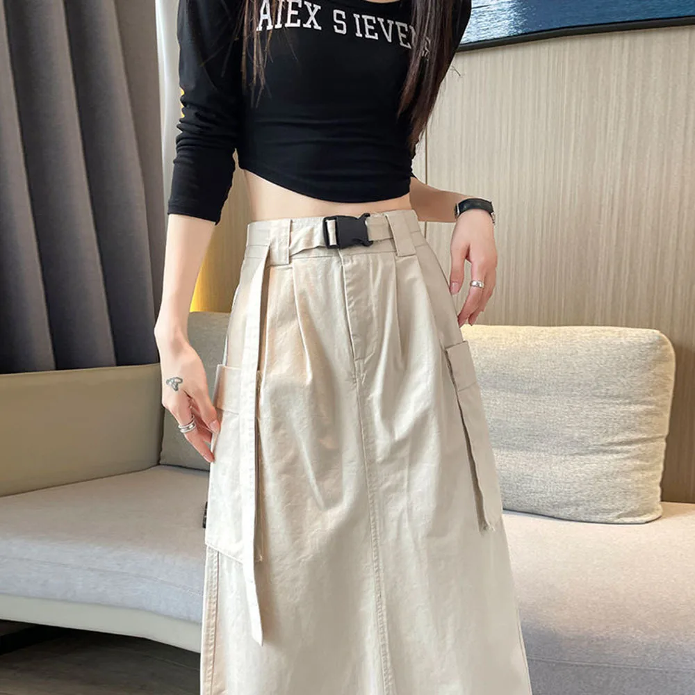 

Casual Cargo Skirt Korea Chic High Waist Lace Up Large Pocket Skirt Safari Style Back Slit Multicolor Skirts Women Spring Autumn