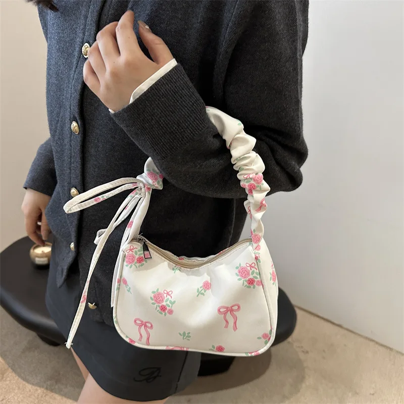 Women's Underarm Bag Summer Canvas Pleated Handlebags Armpit Purse FloralBow Printed Zipper Tote Handbag Female Shoulder Bag
