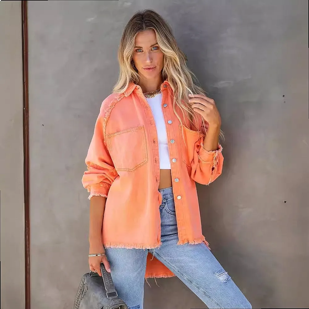 Oversized Denim Shirt Women Long Frayed Patch Pocket Blouse Top Spring Summer