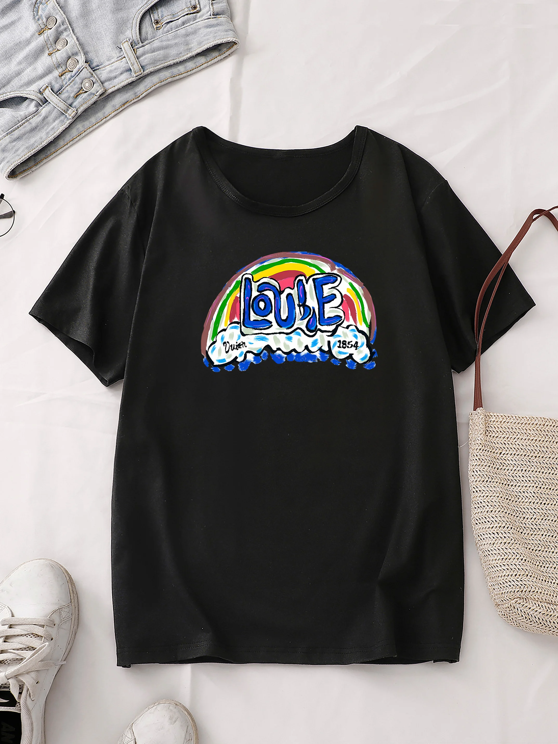 Rainbow & Letter Print Casual T-Shirt, Round Neck Short Sleeves Versatile Tee, Women's Sports Tops