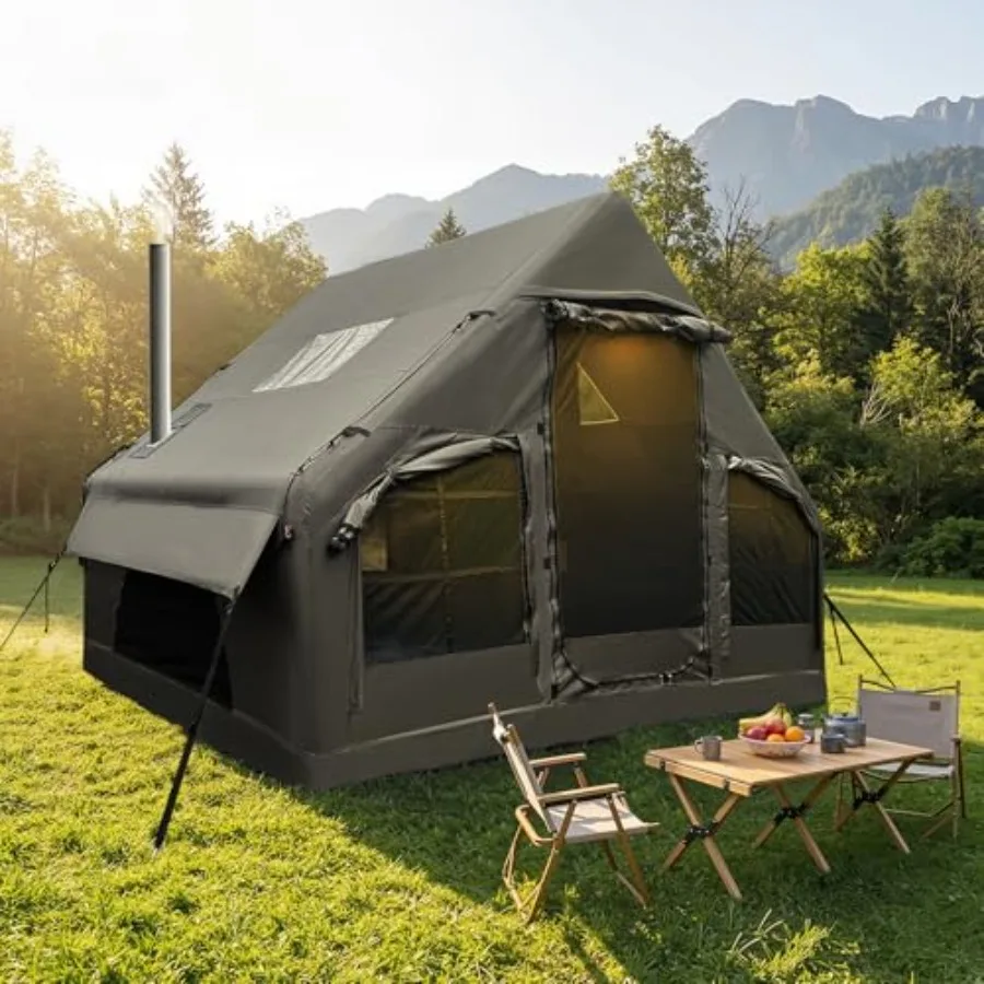 

Luxury inflatable camping tent for all-season use, wear-resistant breathable fabric in gray, wind and rain resistant with built
