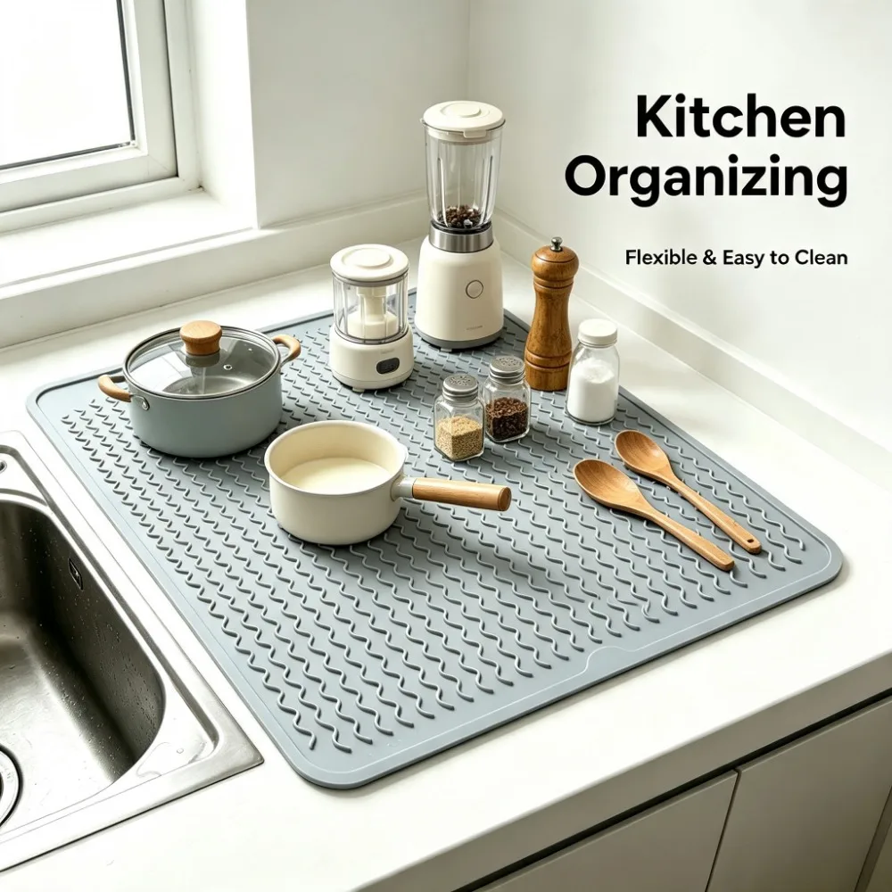 Kitchen Silicone Countertop Draining Pad, Heat Resistant Non Slip Sink Mat for Plates Utensils, Easy Clean with Hanging Hole