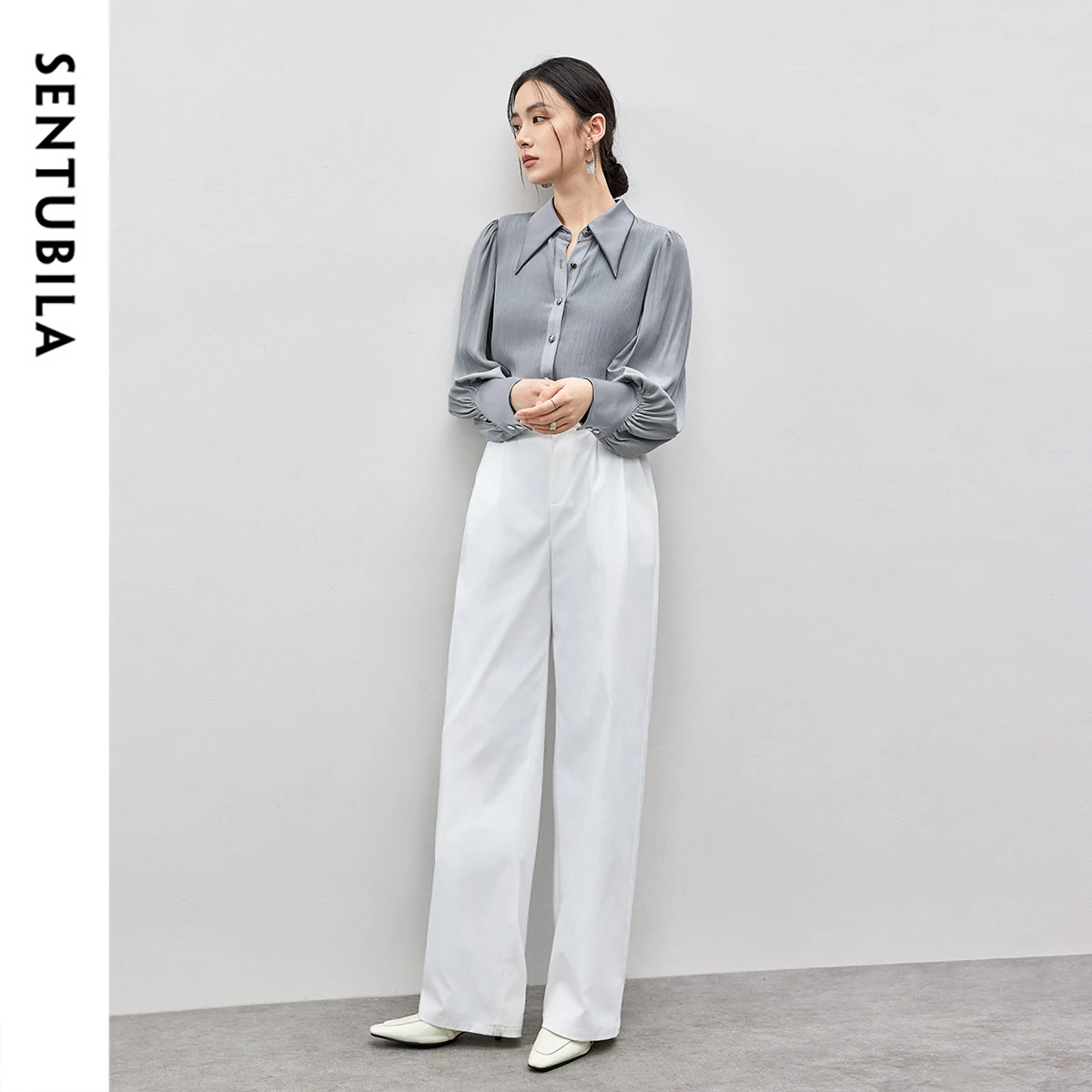SENTUBILA Women's Office Lady Shirts 2025 Spring Autumn Solid Casual Straight Metal Single Breasted Shirts & Blouses 143C55834