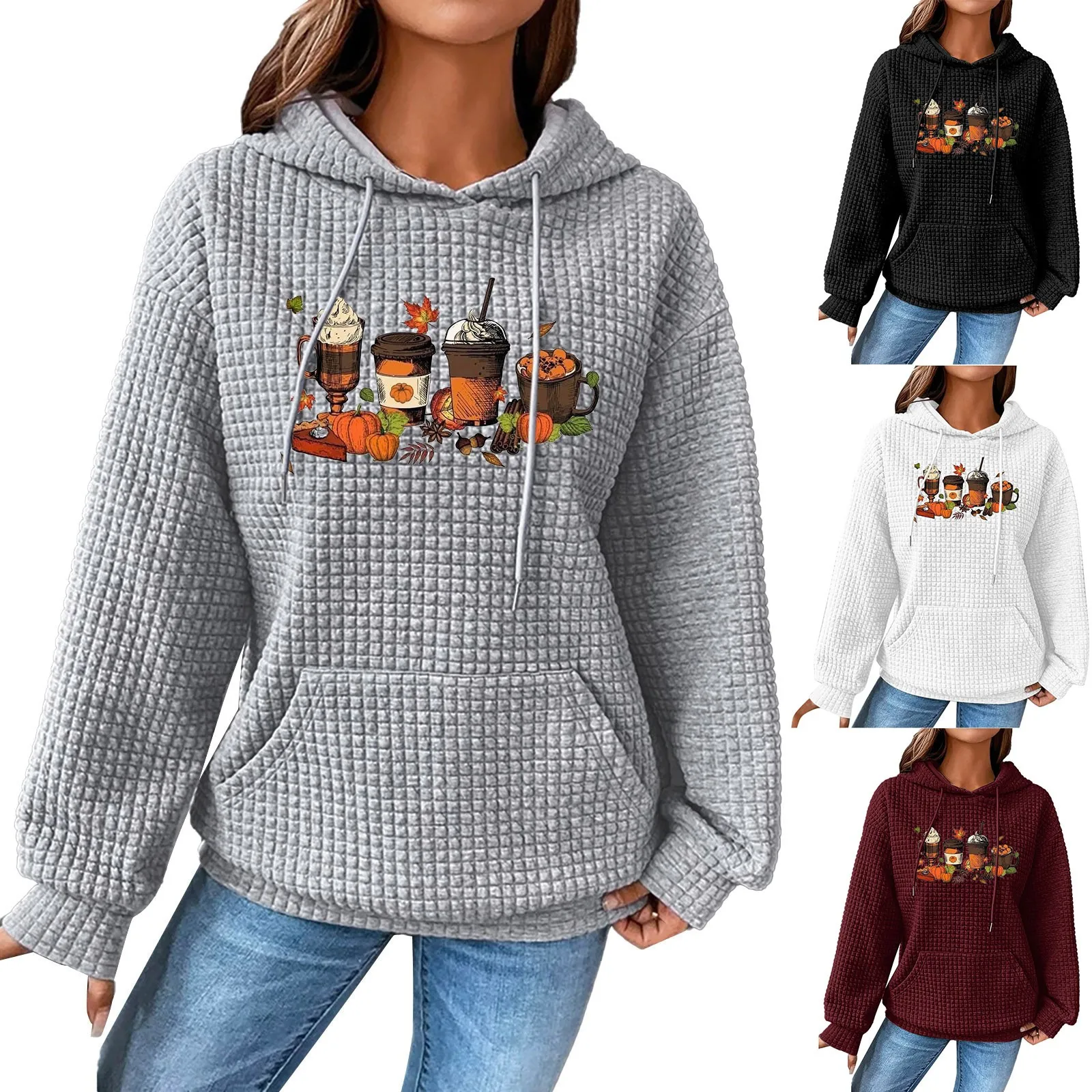 

Halloween Plaid Sweatshirt For Woman Various Cups Print Pullovers Lady Hooded Drawstring Front Pocket Long Sleeve Loose Hoodies