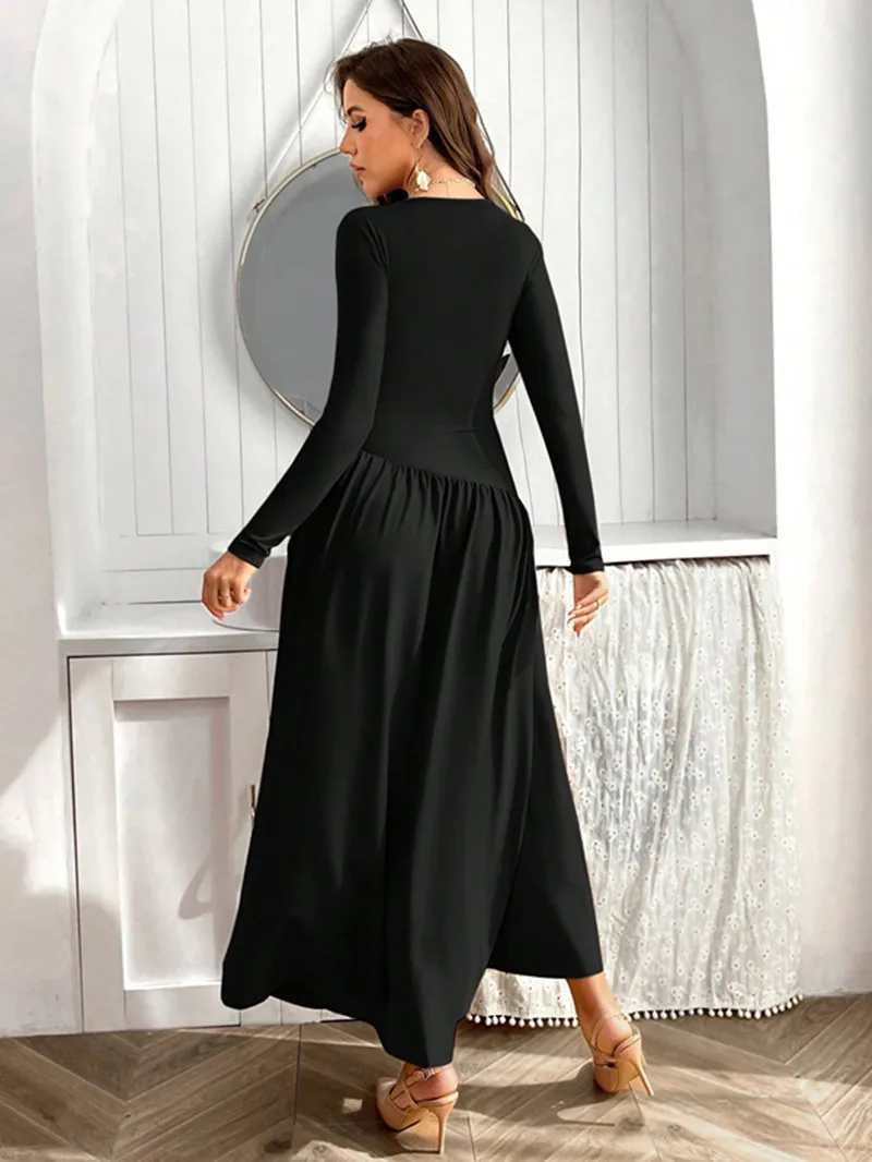 Women Solid Full Sleeve Dresses Autumn And Winter Sexy Black Long Dress Patchwork Fold Slim Fit Casual Shirt Fashion Y2k Clothes