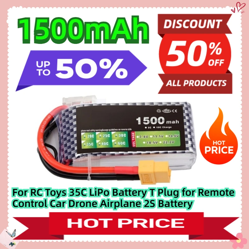 

7.4V 1500mAh For RC Toys 35C LiPo Battery T Plug for Remote Control Car Drone Airplane 2S Battery