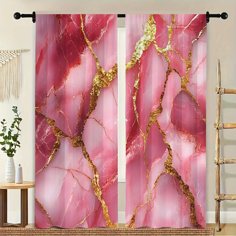 

2Pcs Curtain Pink Marble With Golden Veins Pattern Window Drapes for Bedroom Living Room Decoration Window Treatment.