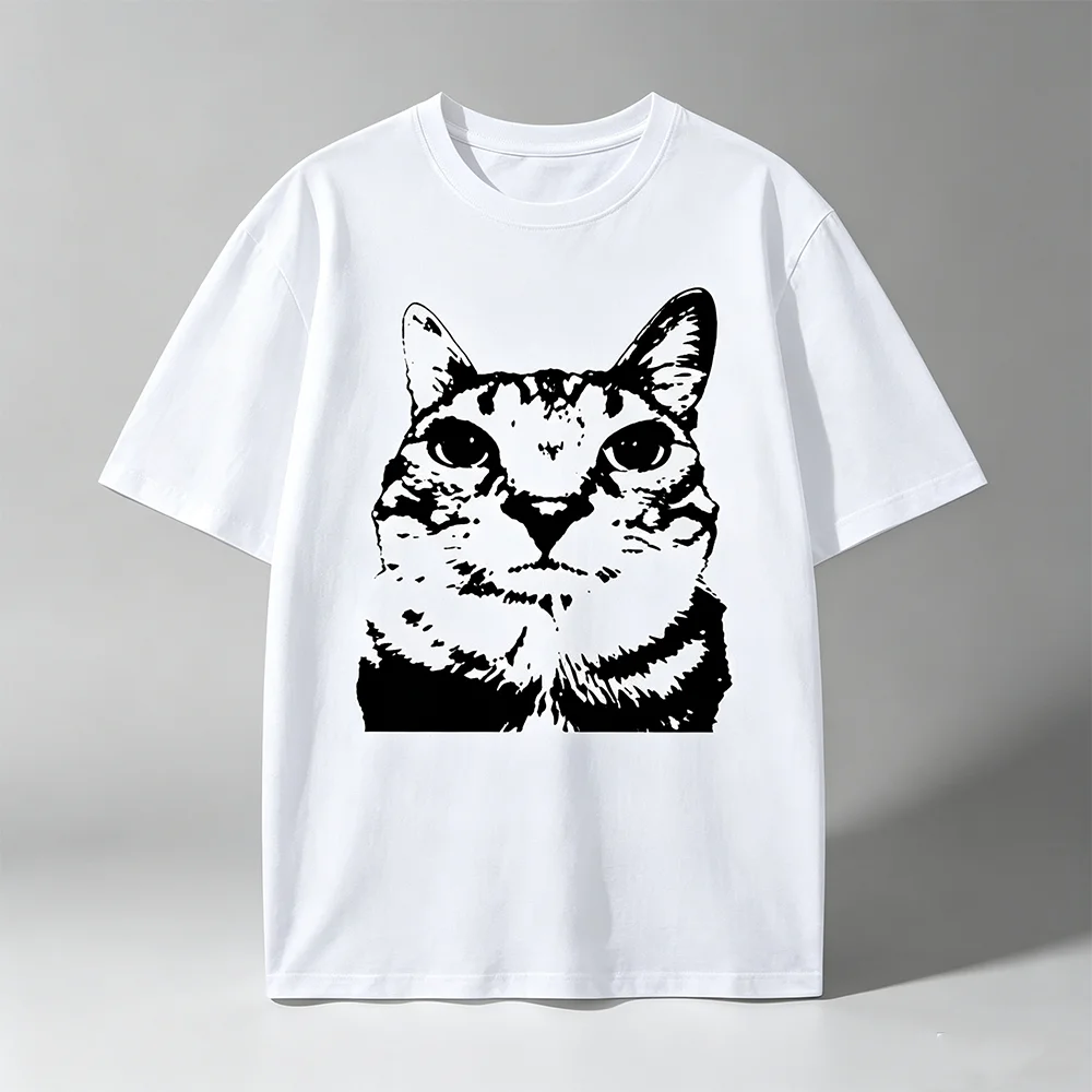 Retro Meme Cat Graphic T‑Shirt Men Women Casual Short Sleeve O‑Neck Cotton Tees Vintage Cat Face Print Streetwear Unisex Tops