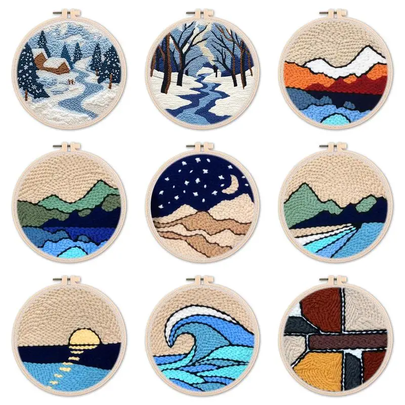 

1 Pack Punch Needle Embroidery Starter Kits Mountain Scenery Pattern, Embroidery Hoops, Yarns, Instructions for Punch Needle