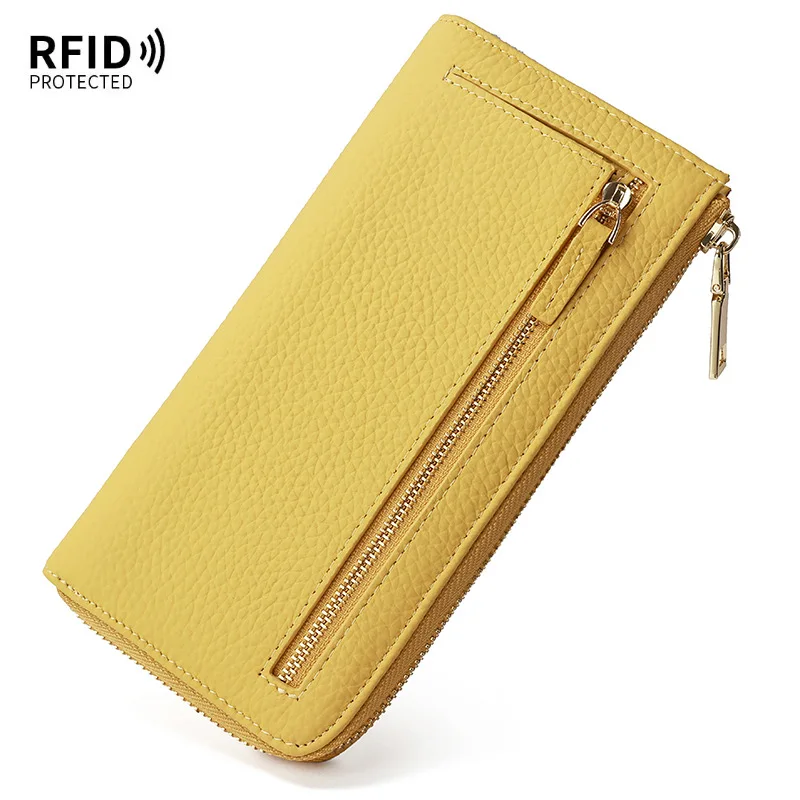 RFID Genuine Leather Purse 2025 New Real Cow Leather Wallet Woman Zipper Card Holder Clutch Hand Bag