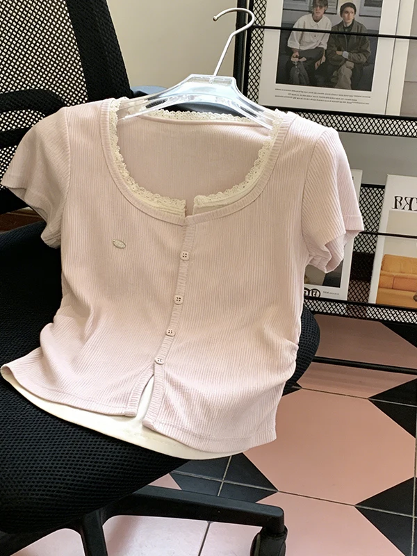 

plus Size Summer Women's Sweet And Spicy Short Sleeve Fake Two-Piece Lace Trim Waist Cinching Slimming Arc Top Korean Style