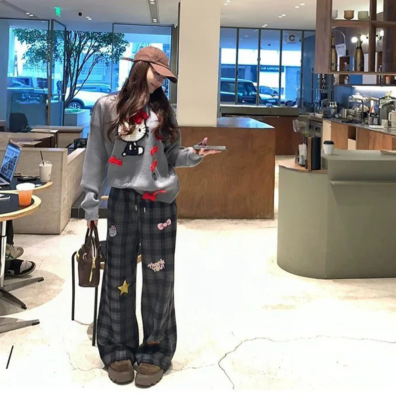 سانريو مرحبا كيتي صوف مبطن منقوشة السراويل فتاة خريف شتاء الحلو منفعل نمط فضفاض مستقيم الساق التخسيس مجموعة عادية متعددة الاستخدامات