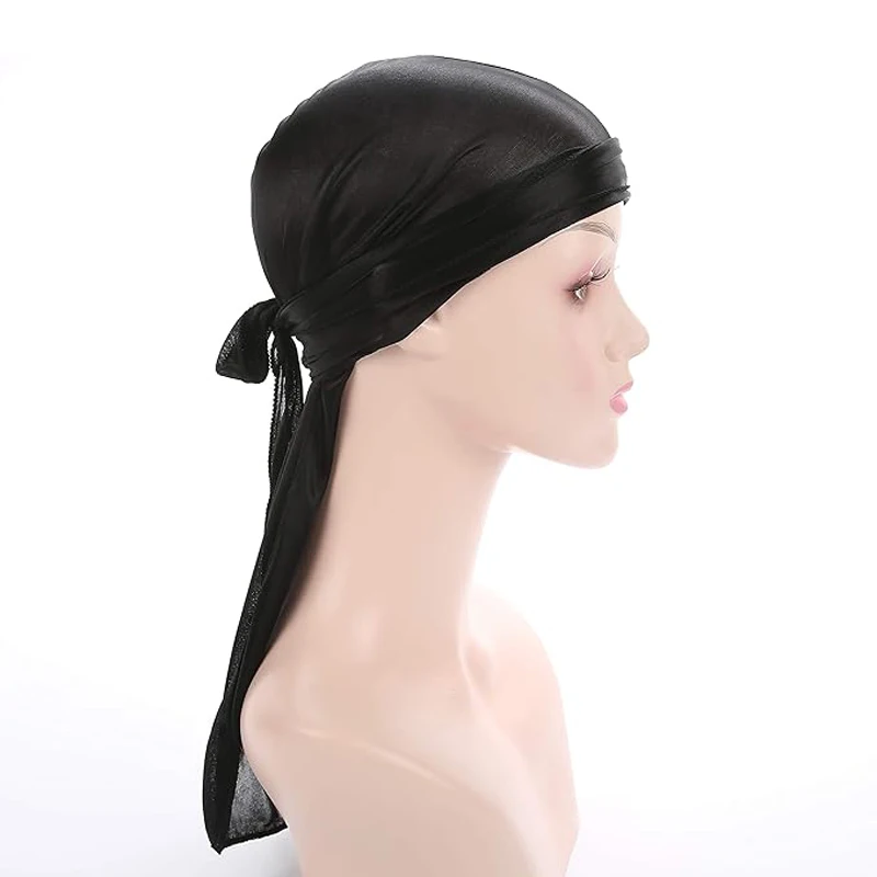 Unisex Satin Silk Extra Long-Tail Durag Headwraps Pirate Cap Bandana Headwear Caps for Hair Waves Fashion Design