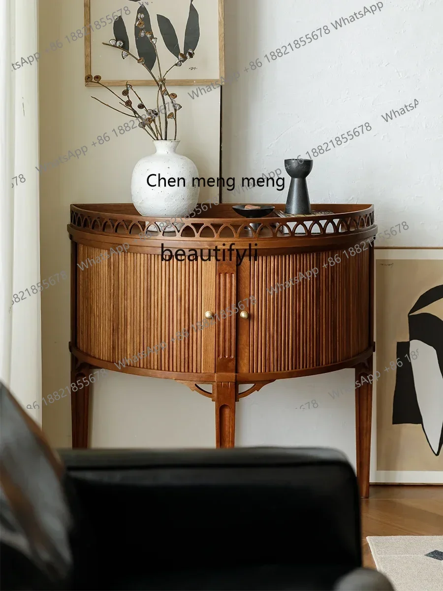 French retro solid wood dining side, living room entrance storage locker, semi-round tea and wine cabinet