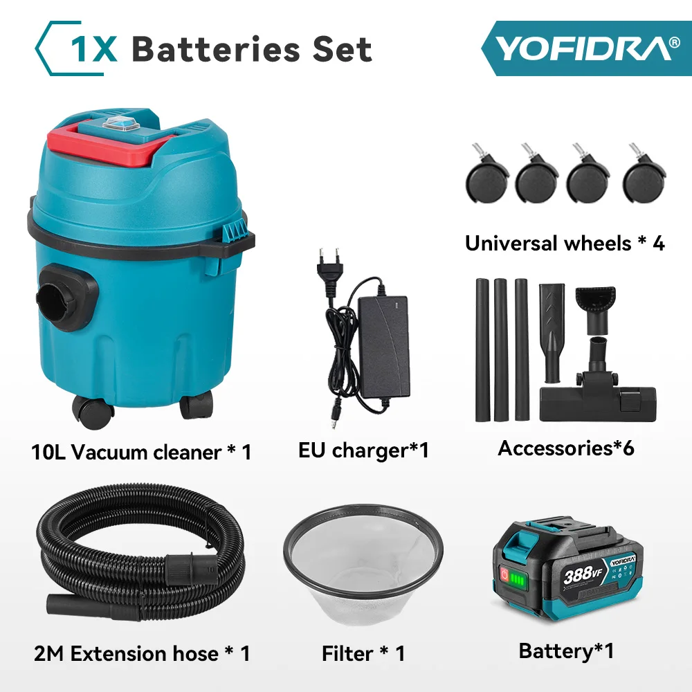 2000W Elektrische Nat & Droog Stofzuiger 10L Tank Met Wielen Huishoudelijke Industriële Schoon Gereedschap Voor Makita Batterij pin