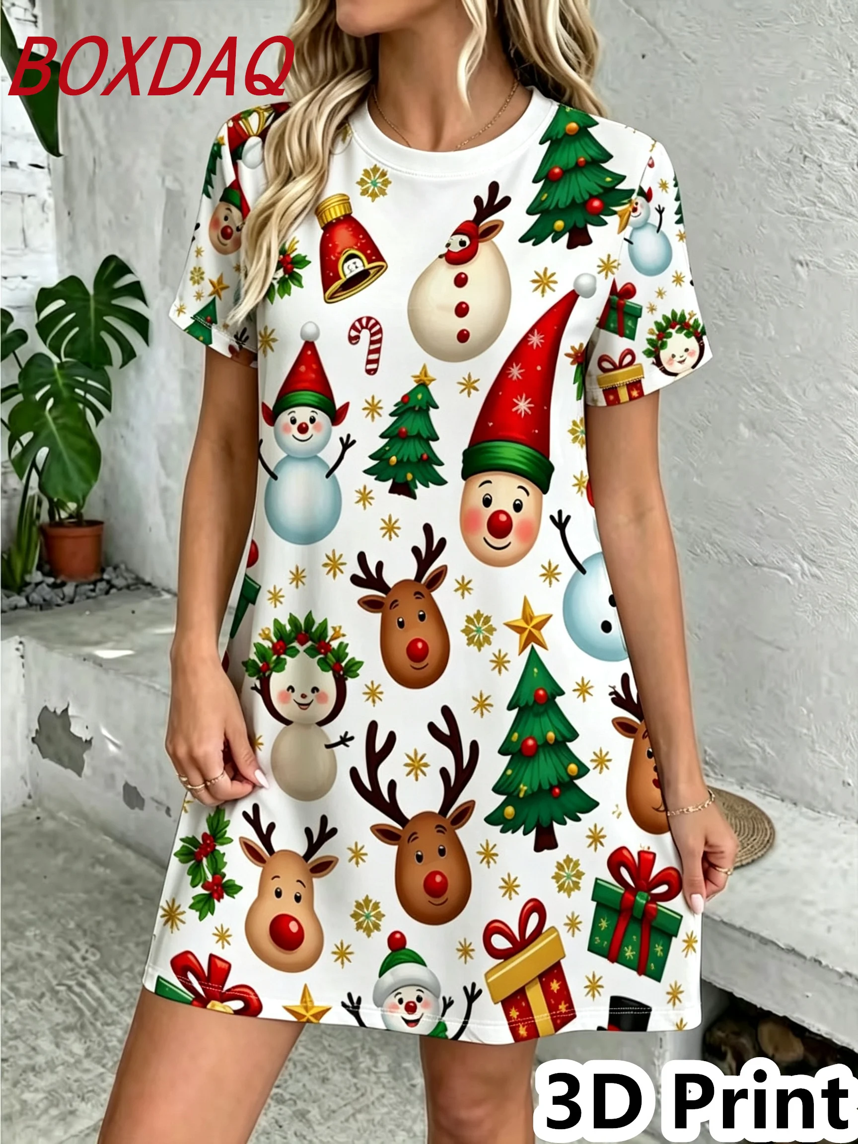 Summer Christmas Snowman Pattern Women Dress Elegant 3D Print Short Sleeve O-Neck Loose Casual A-Line Christmas Cartoon Dress