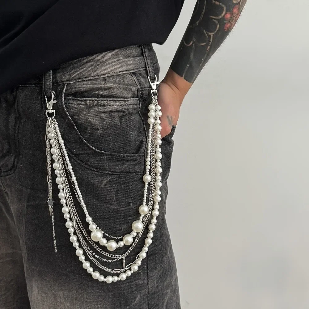 الفاخرة تقليد اللؤلؤ السراويل المفاتيح شرابة محفظة الجينز اللؤلؤ المعادن الشرير سلسلة مجوهرات اكسسوارات الهيب هوب الخصر مفتاح سلسلة