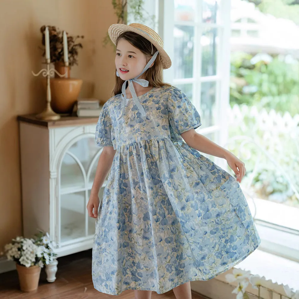 

Blue Print Princess Dress for Girls 2025 New Puff Sleeve Stylish Casual Beach Summer Kids Floral Dress Holiday Children Clothes