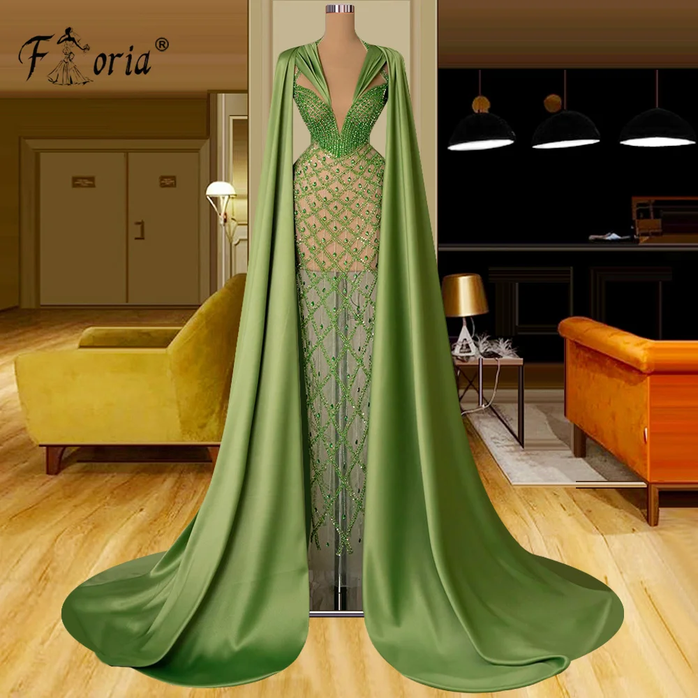 

Two Long Shawls Green Mermaid Evening Dress Dubai Woman Beaded Formal Party Dress Couture Celebrity Pageant Gowns فساتين السهرة