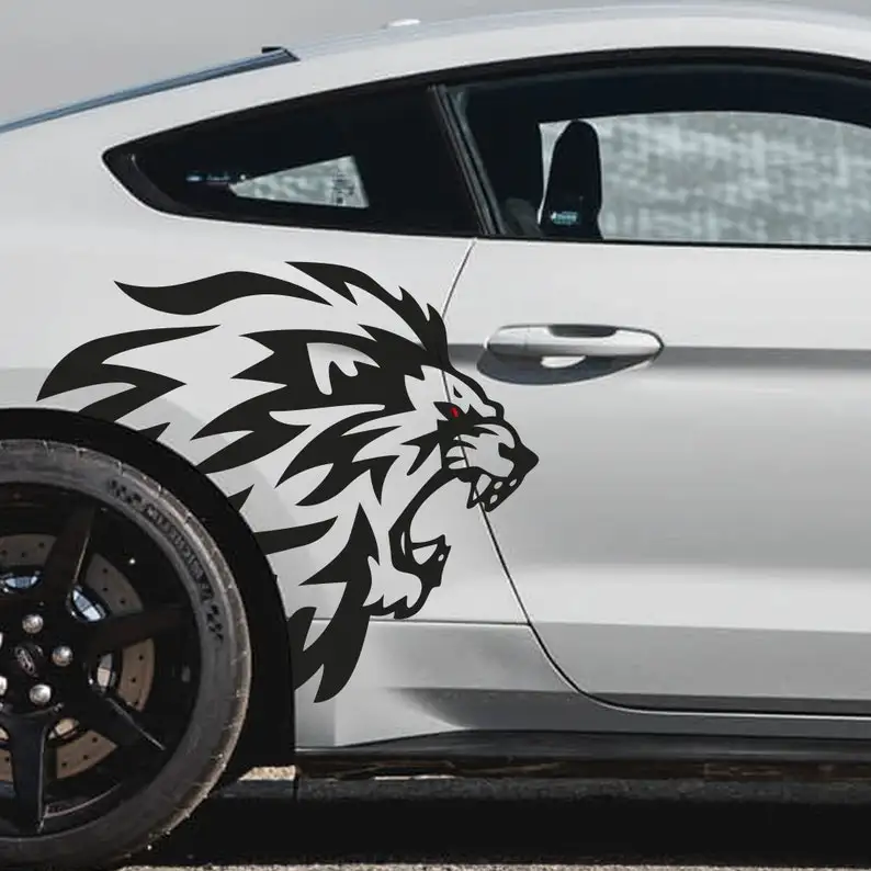 x2 King Lion Head Car Outline Fits Mustang Tattoo Grunge Design Tribal Door Side Bed Pickup Vehicle Truck Vinyl Graphic Sticker