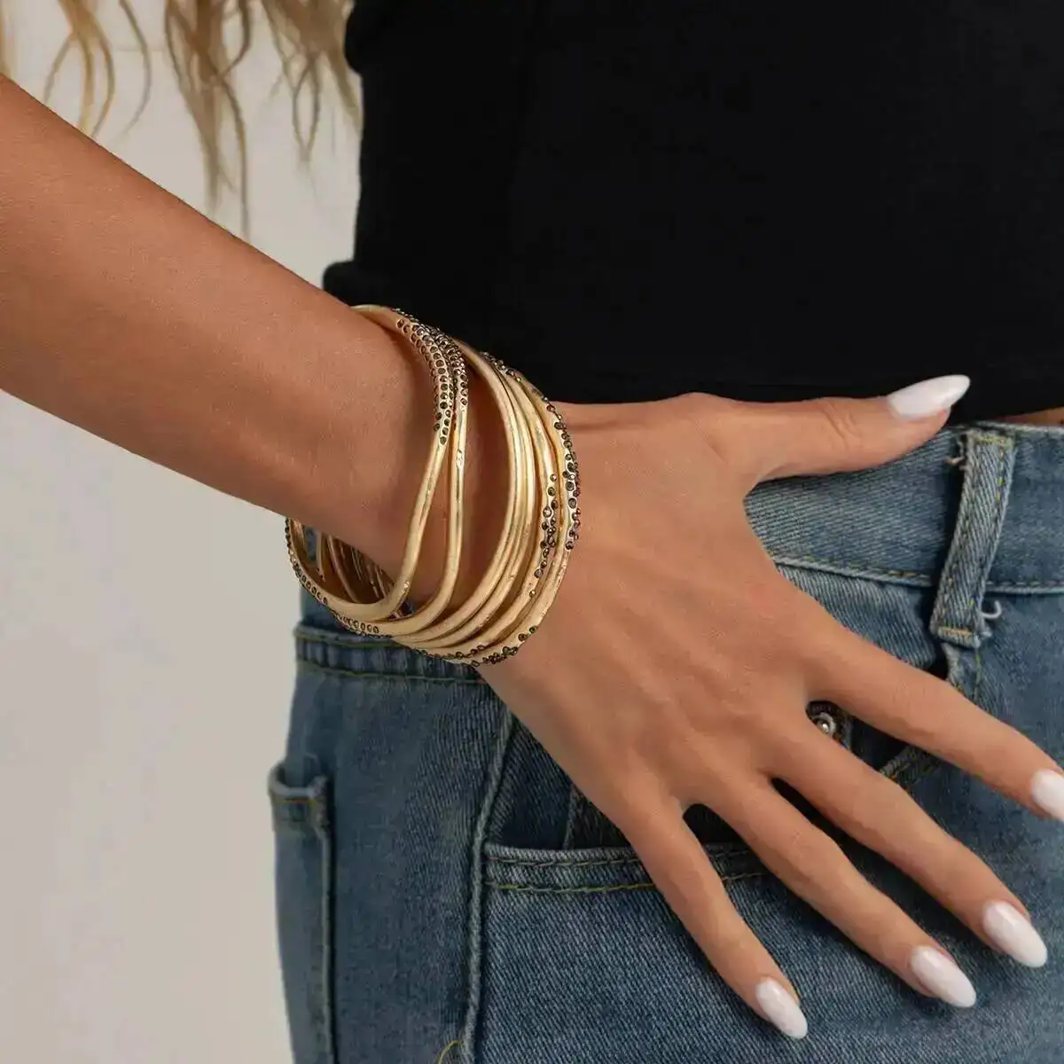 

KunJoe 6 Pcs/Set Geometric Inlay Rhinestone Bracelet for Women Fashion Gold Color Minimalist Stackable Bangles Jewelry Accessory