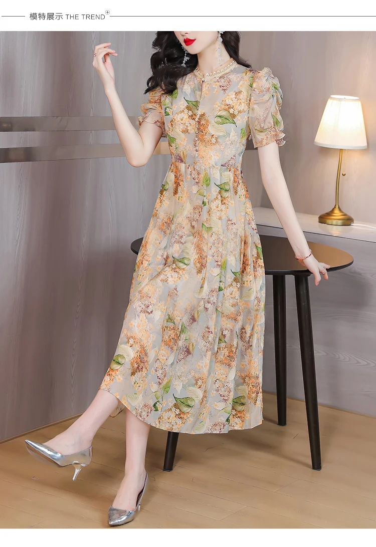 Frauen Blumen Strand Urlaub O-Ausschnitt Kleid Frühling Herbst neue elegante lose Taille Kleid Frauen koreanischen Vintage Langarm Kleid