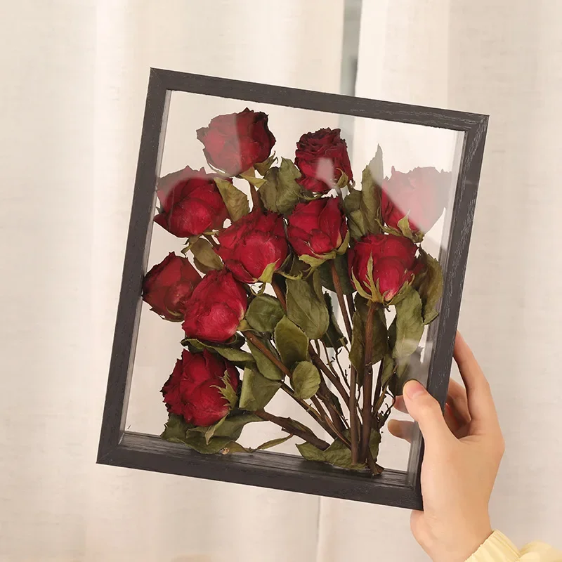 Dual-Sided Transparent Flower Frame Handmade Rose Flower Shadow Box for 3D Hollow Decorative Table Display Picture Frames